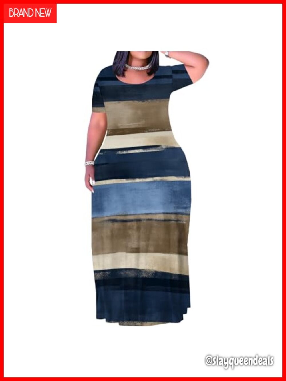 Plus Size Maxi Dress Women Summer Short Sleeve Casual Sundress Loose Fit Striped